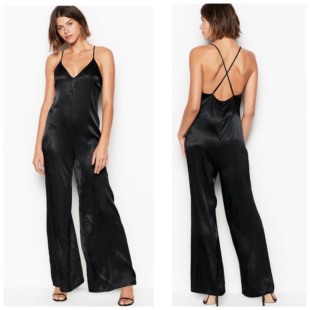 Victoria's Secret Black Satin Jumpsuit with Spaghetti Straps